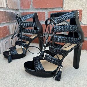 MICHAEL KORS “MONTEREY” Leather Weave, Back Zip Sandal in Black Sz 9